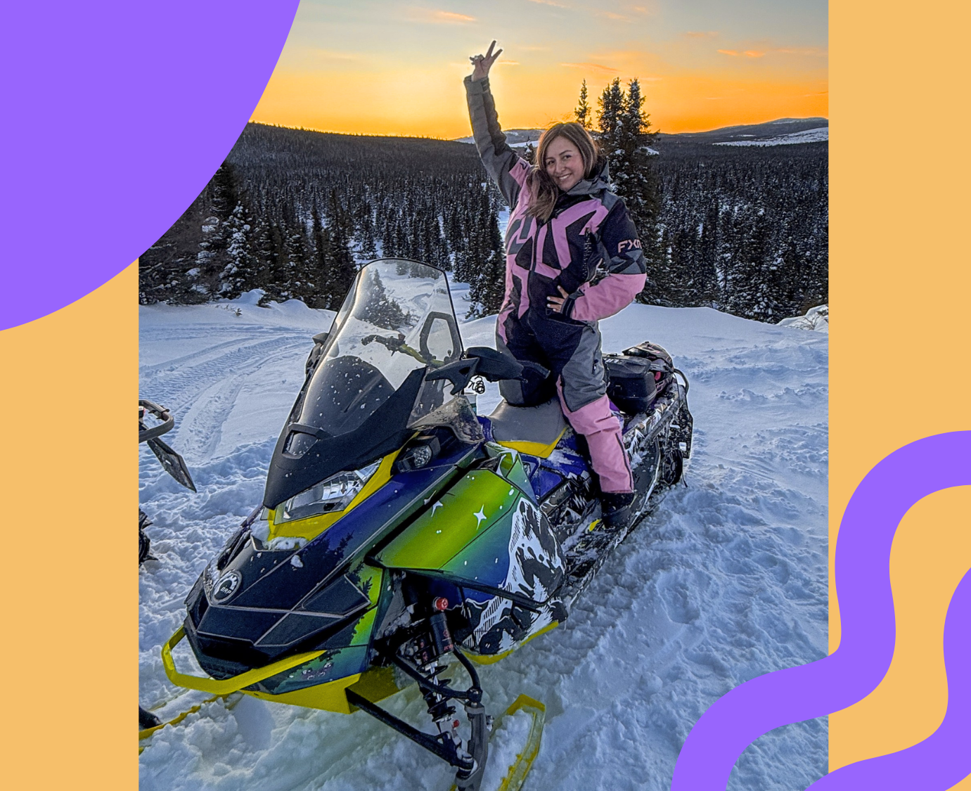 a picturesque orange sunset sky on top of a ice mountain with a super strong neon snowmobile. A women in pink ice gear raising her hands up high celebrating life and her success in the mining industry